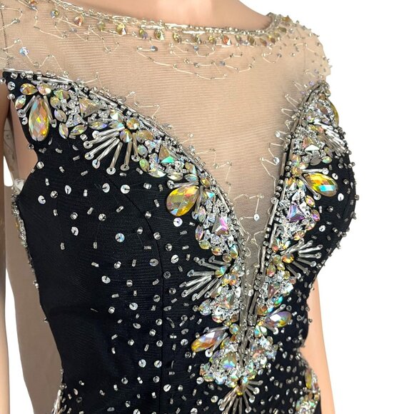 Panoply Black Rhinestone Embellished Mesh Illusion Gown Size 6 W Sheer Neckline - Picture 3 of 13